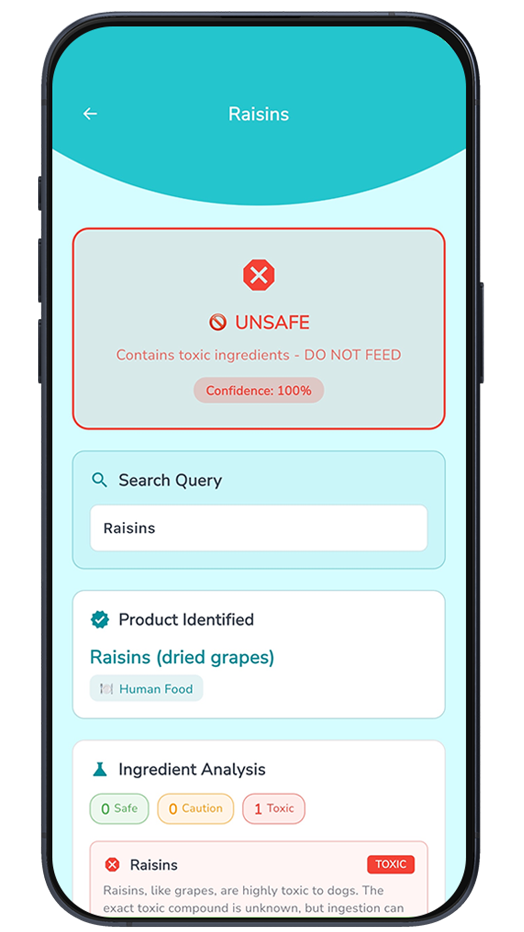 PawAI Results Screen - Shows safety analysis for raisins
